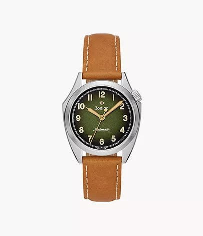 ZODIAC- Olympos STP 1-11 Swiss Automatic Three-Hand Brown Leather Watch Z09713