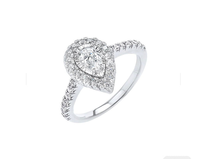 14K WG TRU REFLECTION PEAR SHAPE HALO PRONG RING CTR 0.33 RDS 0.50 RG72538-4WB
