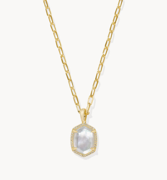 Kendra Scott-Daphne Gold Pave Frame Short Pendant Necklace in Iridescent Ivory Illusion 9608872492