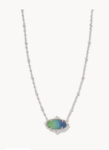 KENDRA SCOTT Elisa Silver Petal Framed Short Pendant Necklace in Aqua Ombre Drusy 9608864143