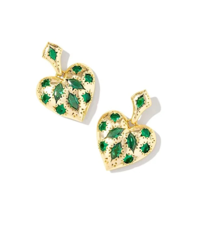 Kendra Scott-Holland Gold Heart Drop Earrings in Green Crystal 9608871060