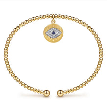 Load image into Gallery viewer, GABRIEL &amp; Co 14K White-Yellow Gold Bujukan Sapphire and Diamond Evil Eye Charm Cuff Bangle Bracelet BY5332-57M45SA