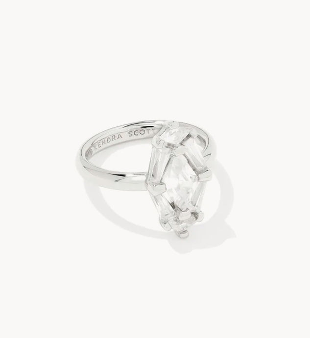 Kendra Scott-Lindy Rae Elyse Silver Metal Cocktail Ring in White Crystal 9608875052 Sz: 6