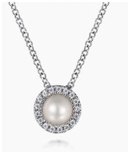 Load image into Gallery viewer, Gabriel &amp; Co-14K White Gold Pearl and Diamond Halo Pendant Necklace NK7268W45PL