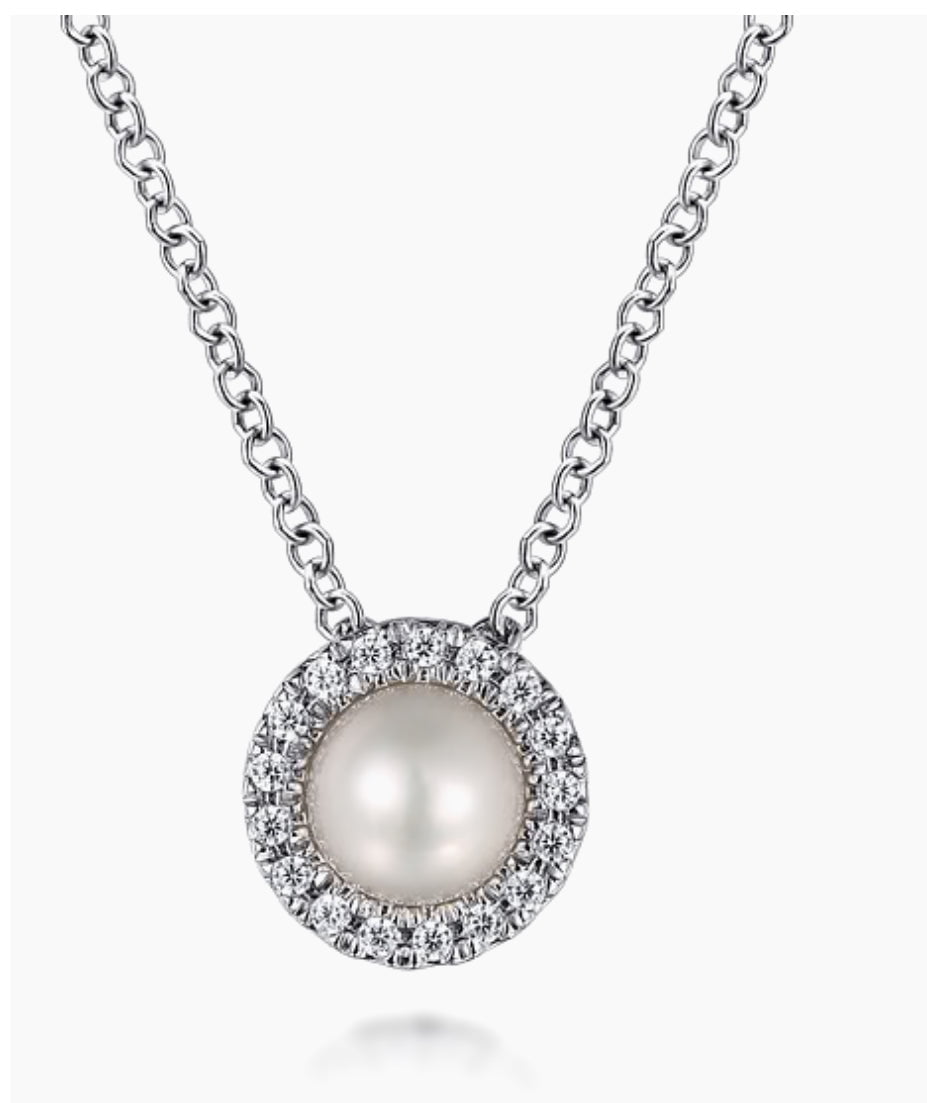 Gabriel & Co-14K White Gold Pearl and Diamond Halo Pendant Necklace NK7268W45PL