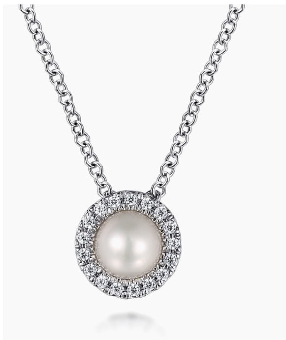 Gabriel & Co-14K White Gold Pearl and Diamond Halo Pendant Necklace NK7268W45PL