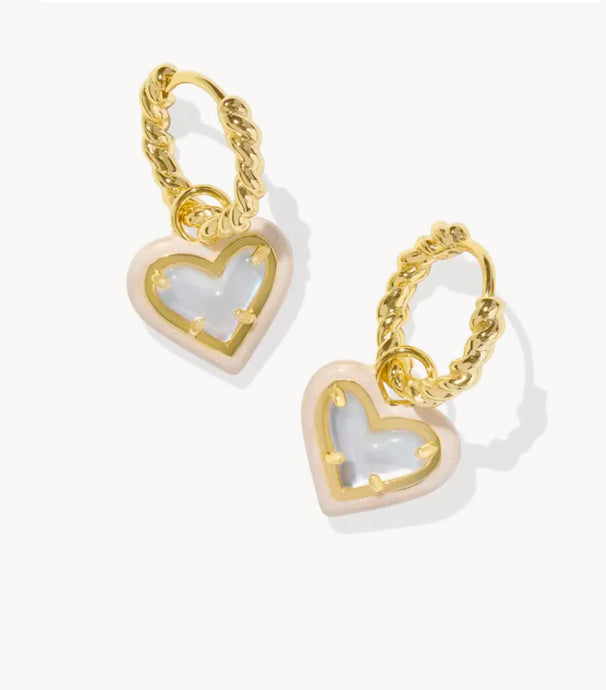 Kendra Scott-Ari Heart Gold Enamel Frame Huggie Earrings in Ivory Mother- 9608875932