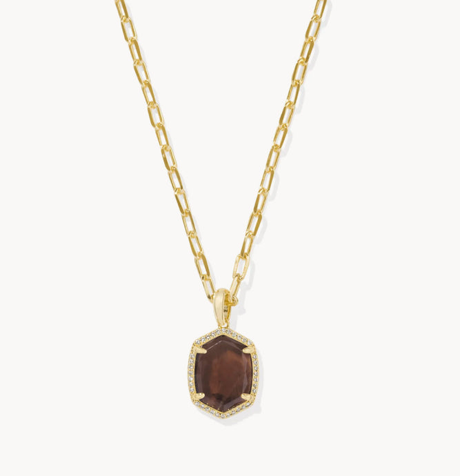 Kendra Scott-Daphne Gold Metal Pave Frame Short Pendant Necklace in Smoky Quartz 9608872173