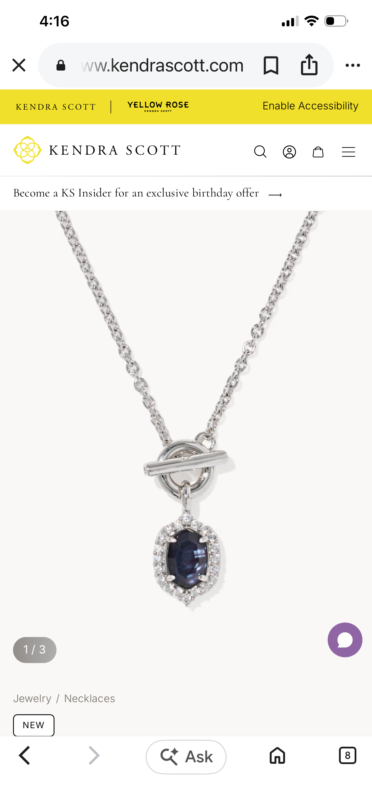 Daphne Crystal Frame Silver Toggle Necklace 9608806764