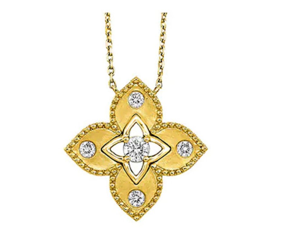 14K Yellow Gold - 0.20ct - Satin Finished Diamond Accented Clover Pendant & Chain NK10243-4YC