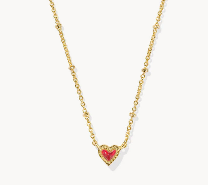 Kendra Scott-Mini Ari Heart Gold Metal Satellite Short Pendant Necklace in Red Kyocera Opal 9608865418