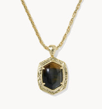 Load image into Gallery viewer, Kendra Scott-Tiger Striped Daphne Gold Small Long Pendant Necklace in Dark Brown Hawk's Eye 9608806370