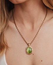 Load image into Gallery viewer, Kendra Scott-Tiger Striped Daphne Vintage Gold Small Long Pendant Necklace in Chartreuse Green Mother-of-Pearl 9608805504