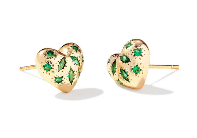 Kendra Scott-Holland Gold Metal Heart Stud Earrings in Green Crystal 9608863059