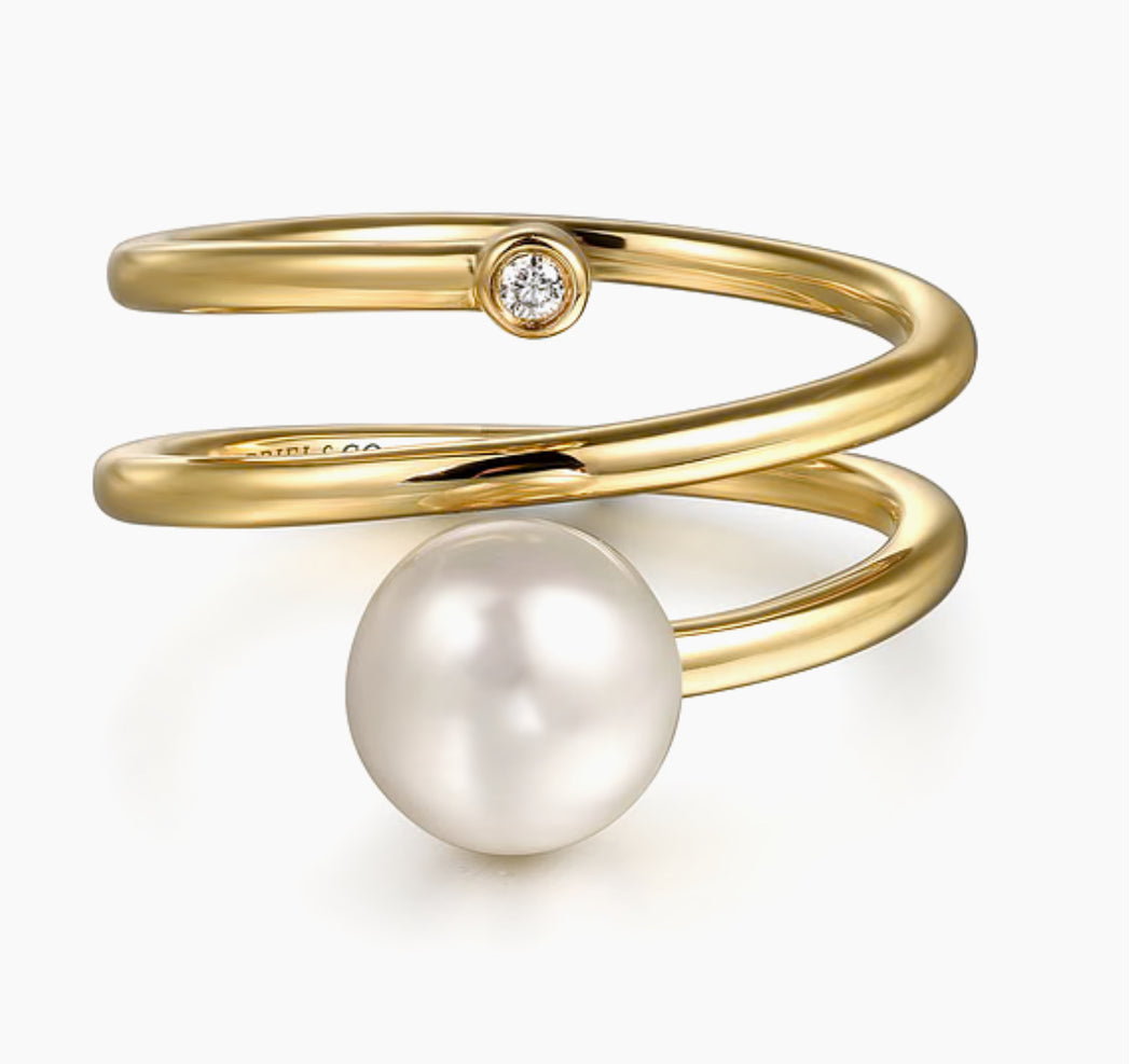 GABRIEL & Co-14K Yellow Gold Diamond and Pearl Bypass Ring LR52679Y45PL