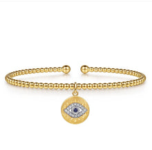 Load image into Gallery viewer, GABRIEL &amp; Co 14K White-Yellow Gold Bujukan Sapphire and Diamond Evil Eye Charm Cuff Bangle Bracelet BY5332-57M45SA