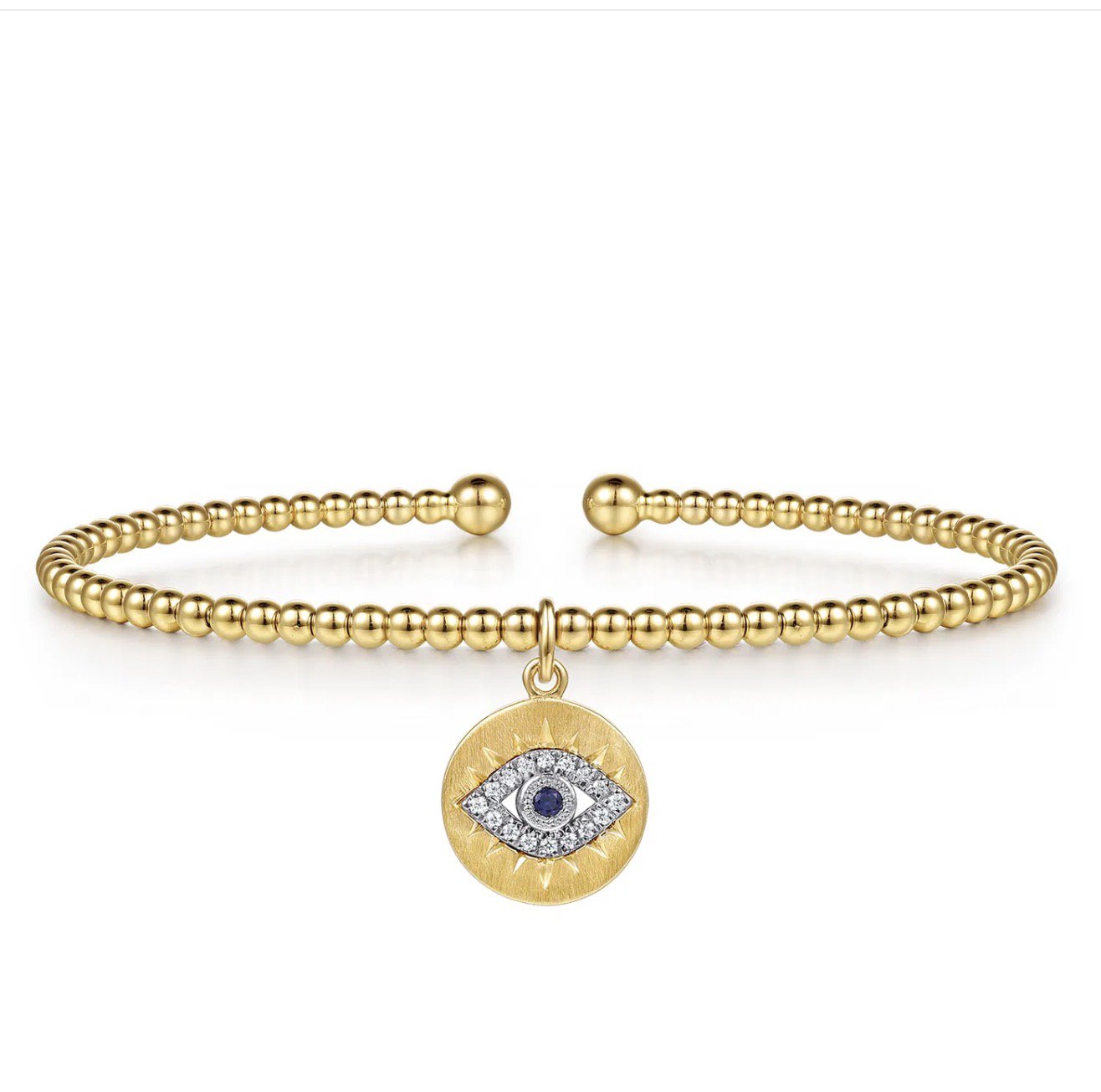 GABRIEL & Co 14K White-Yellow Gold Bujukan Sapphire and Diamond Evil Eye Charm Cuff Bangle Bracelet BY5332-57M45SA