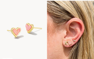 KENDRA SCOTT Framed Ari Heart Gold Stud Earrings in Light Pink Drusy 9608862090