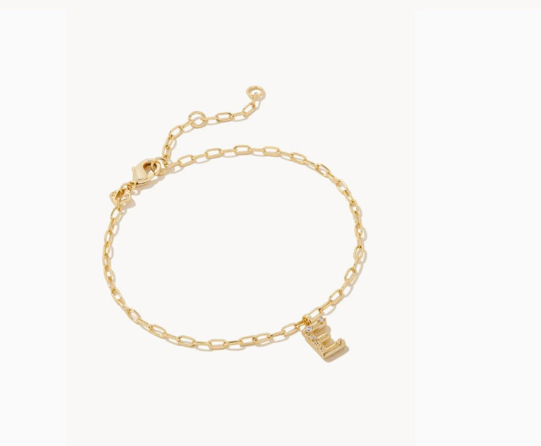 Kendra Scott-Crystal Letter E Gold Metal Delicate Chain Bracelet in White Crystal 9608856123
