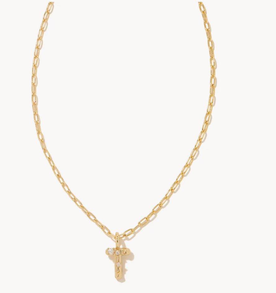 Kendra Scott-Crystal Letter T Gold Short Pendant Necklace in White Crystal 9608856834