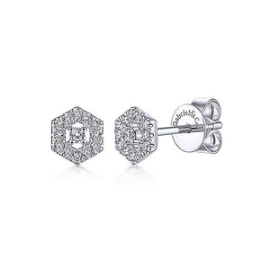 14k White Gold Hexagonal Pave Diamond Halo Stud - M&R Jewelers