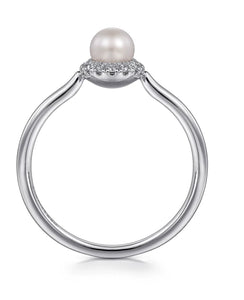 GABRIEL&CO-14K White Gold Pearl Ring with Diamond Halo   LR52419W45PL