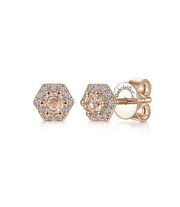 Gabriel & Co-14 K Rose Gold Hexagonal Morganite and Diamond Stud Earrings