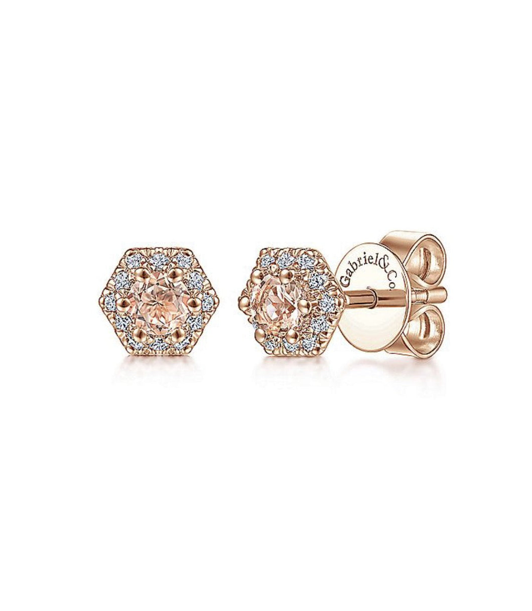 Gabriel & Co-14 K Rose Gold Hexagonal Morganite and Diamond Stud Earrings