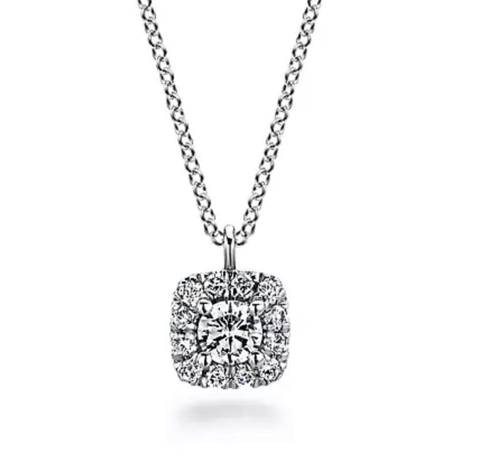 GABRIEL&Co. 14K White Gold Round Diamond with Cushion Halo Pendant Necklace NK5594W45JJ