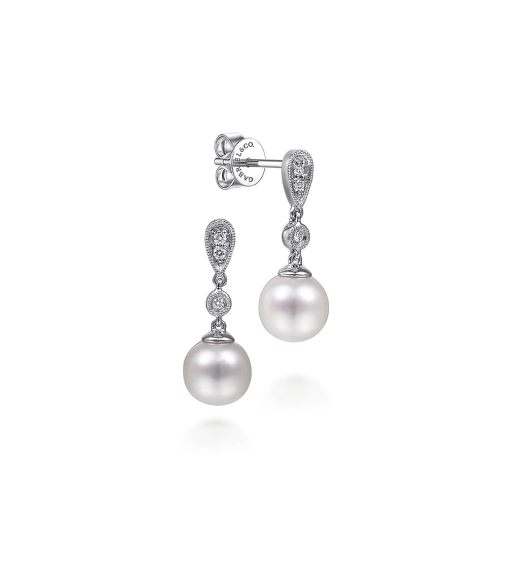 Gabriel-14K White Gold Vintage Inspired Style Diamond Pearl Drop Earrings  EG9902W45PL