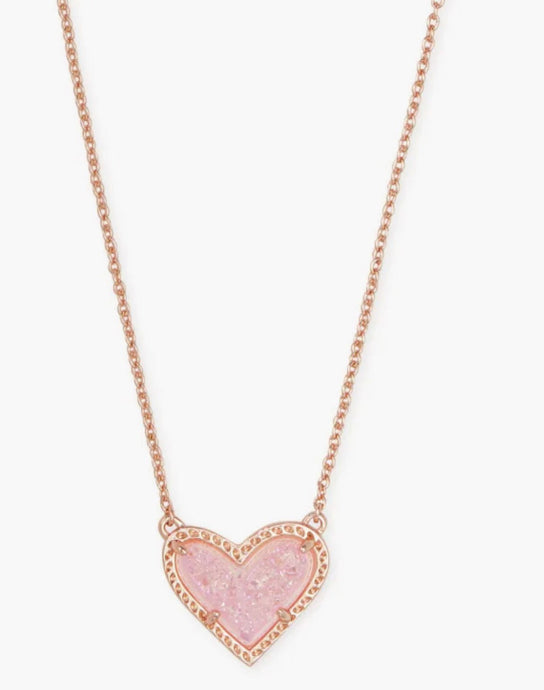 Kendra Scott-Ari Heart Rose Gold Metal Pendant Necklace in Light Pink Drusy 4217704865