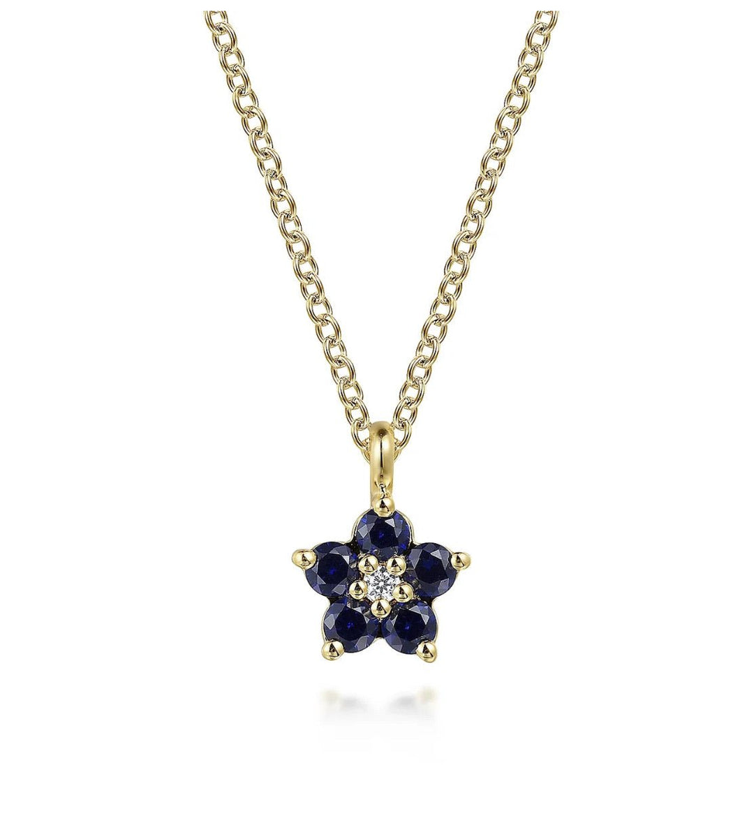 GABRIEL&CO-14K Yellow Gold Diamond and Sapphire Flower Pendant Necklace   NK7428Y45SA