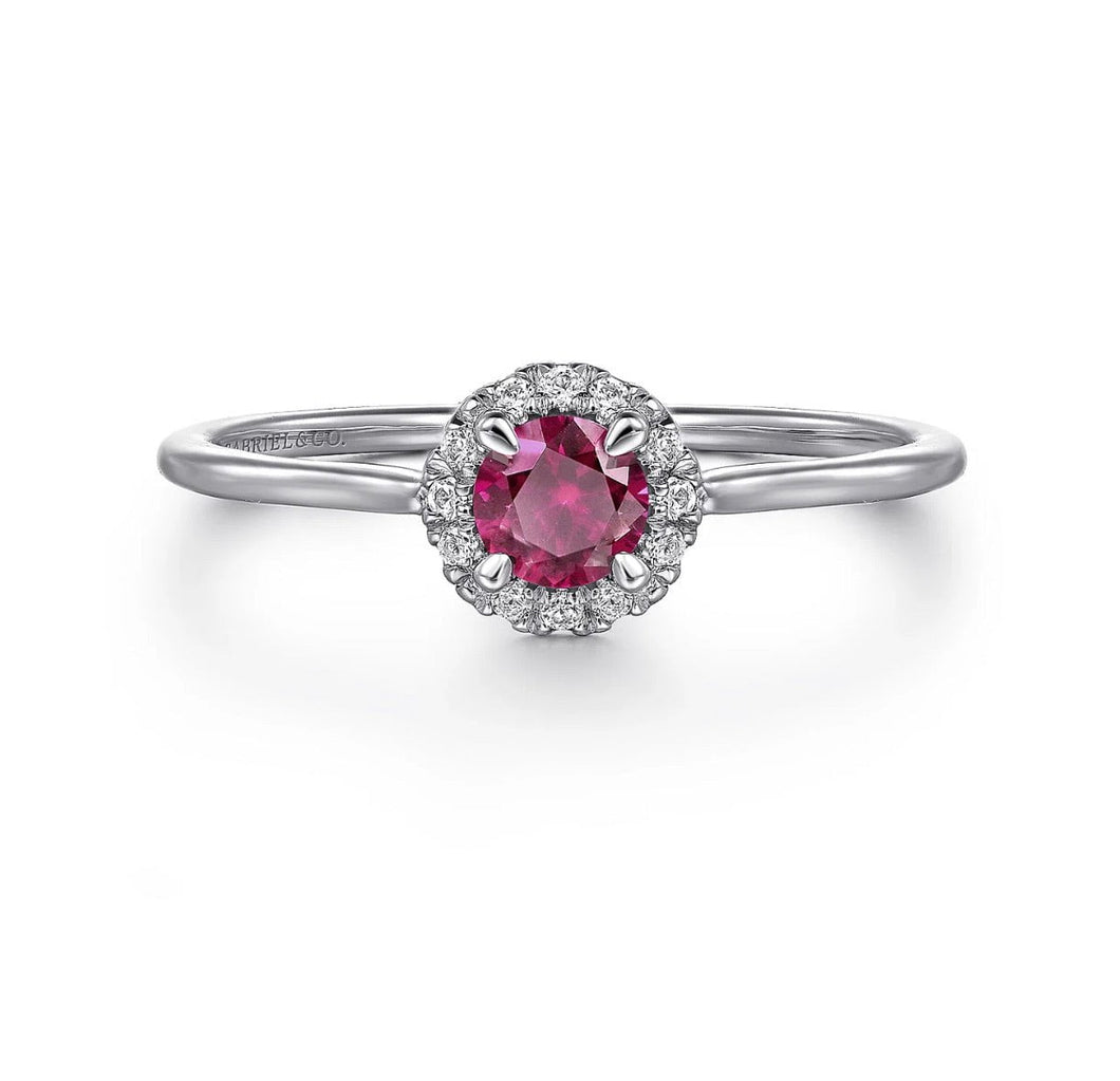 GABRIEL&Co-14K White Gold Ruby and Diamond Halo Promise Ring   LR51264W45RA