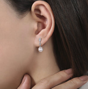 Gabriel-14K White Gold Vintage Inspired Style Diamond Pearl Drop Earrings  EG9902W45PL