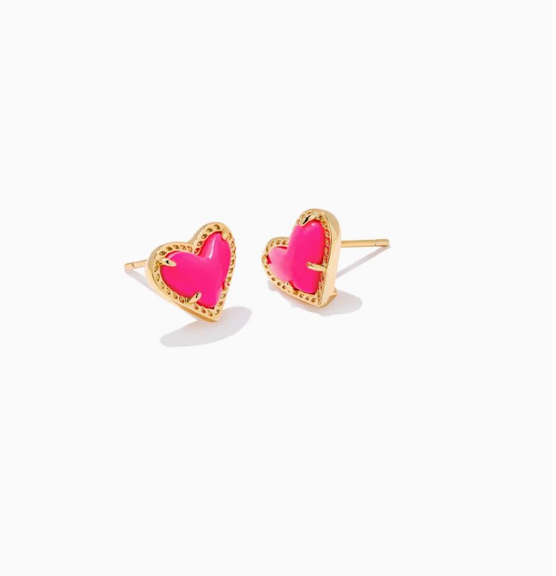 KENDRA SCOTT-Ari Heart Gold Stud Earrings in Neon Pink Magnesite 9608802007