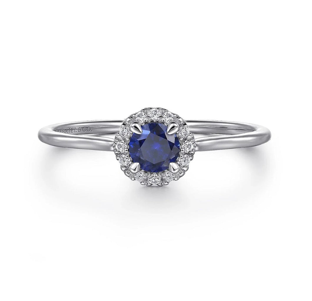 GABRIEL&Co-14K White Gold Blue Sapphire and Diamond Halo Promise Ring   LR51264W45SA