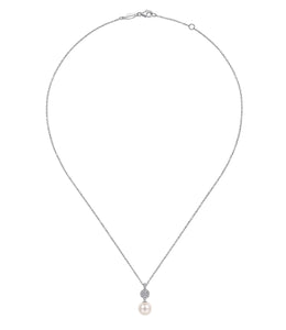 GABRIEL & CO-14K White Gold Diamond Pave Halo and Pearl Drop Pendant Necklace  NK6335W45PL