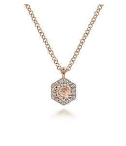 Gabriel & Co-14 K Rose Gold Hexagonal Halo Morganite and Diamond Pendant Necklace
