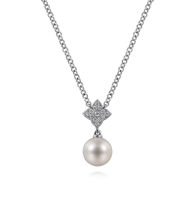 GABRIEL & CO-18 inch 14K White Gold Cultured Pearl and Floral Diamond Pendant Necklace   NK4511W45PL