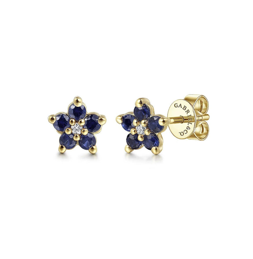 GABRIEL&CO-14K Yellow Gold Diamond and Sapphire Flower Stud Earrings   EG14958Y45SA