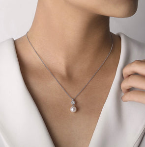 GABRIEL & CO-14K White Gold Diamond Pave Halo and Pearl Drop Pendant Necklace  NK6335W45PL