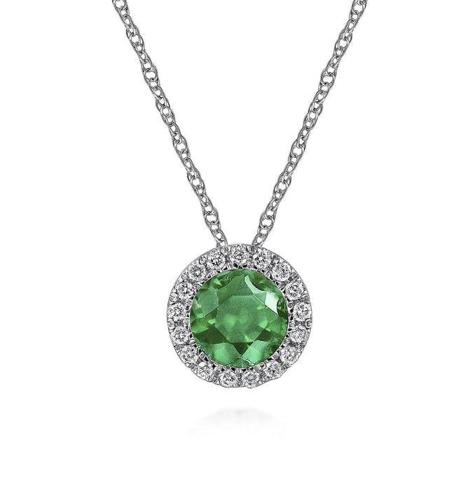 GABRIEL&CO-14K White Gold Emerald and Diamond Halo Pendant Necklace   NK2824W45EA