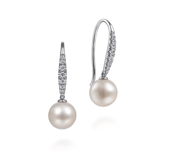GABRIEL & CO-14K White Gold Tapered Diamond Cultured Pearl Drop Earrings EG13190W45PL