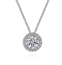 Load image into Gallery viewer, GABRIEL&amp;CO-14K White Gold Round White Sapphire and Diamond Halo Necklace 4mm white sapphire center stone   NK2824W45WS